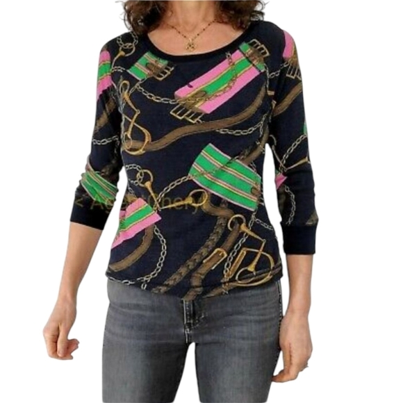 Ralph Lauren Jeans Black and Pink Equestrian Waffle Knit Fitted Graphic Top Sz M - Picture 6 of 6
